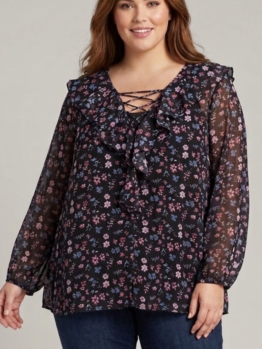 DC Black Floral Long Sleeve V Neck Decorated Blouse Sz 2X